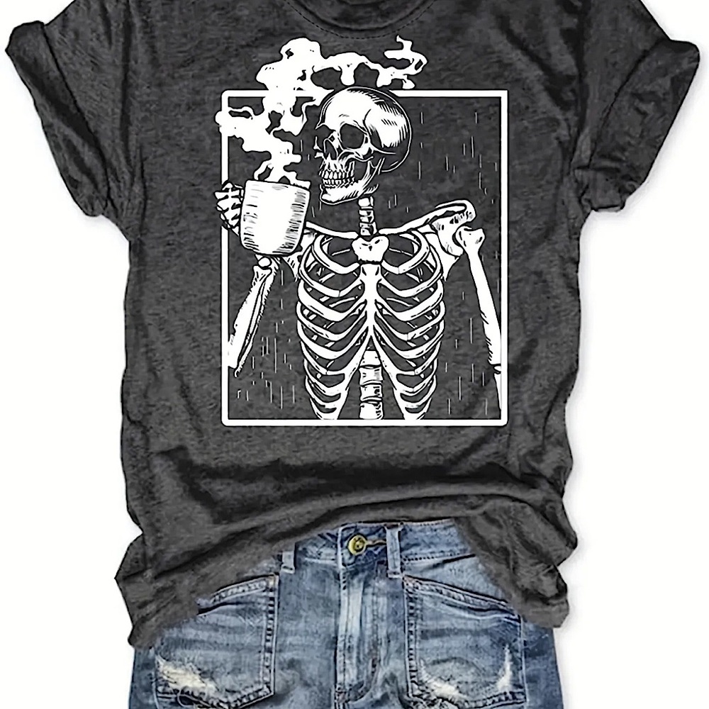 New Skeleton Print Crew Neck Charcoal Gray Shirt